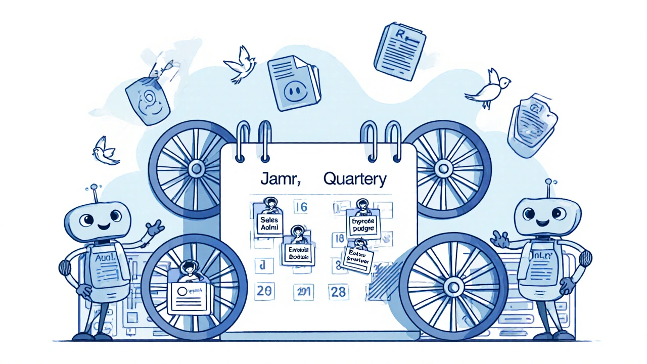Robots update employee access badges on a quarterly calendar.