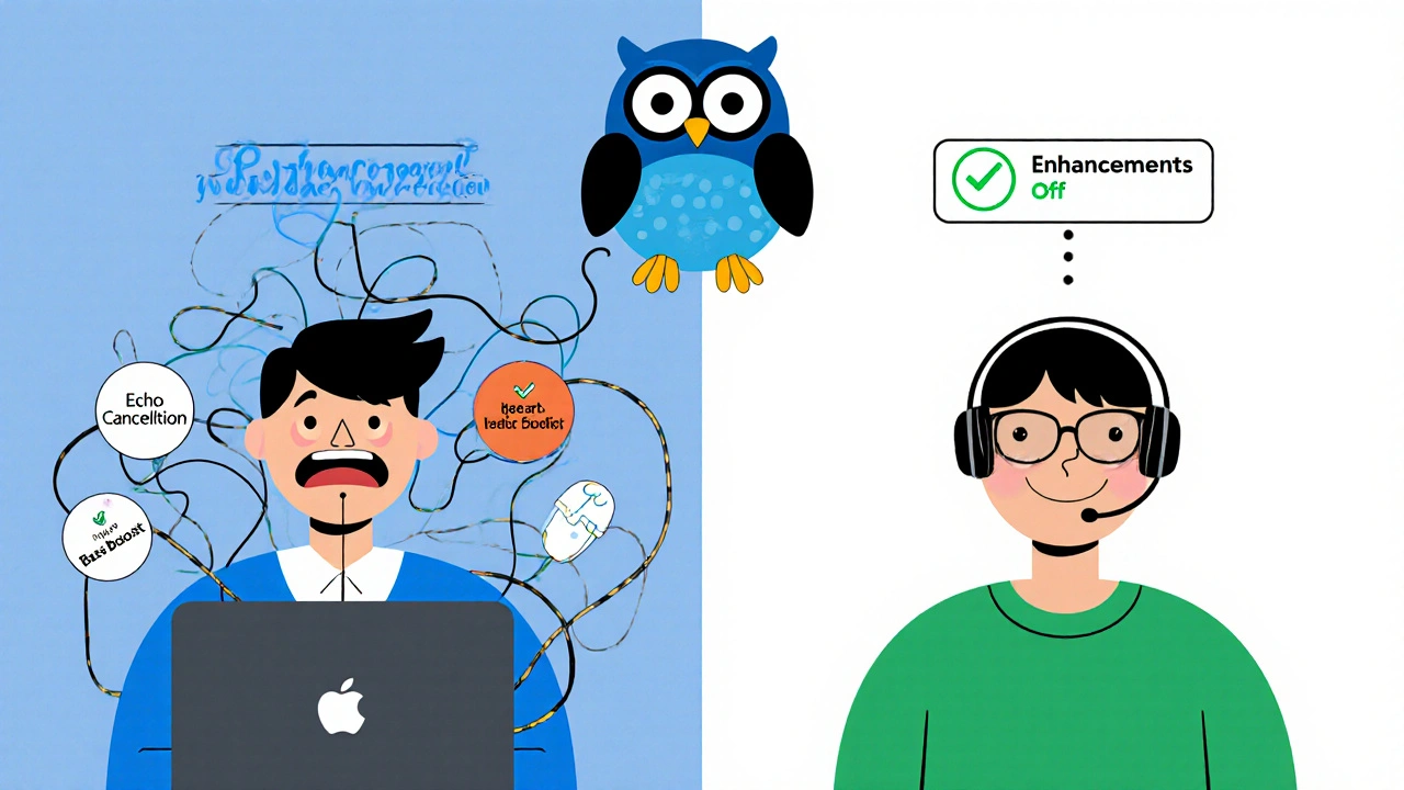 Split-screen showing audio problems on Windows vs. clean audio on Mac, with an AI owl guiding the fix.