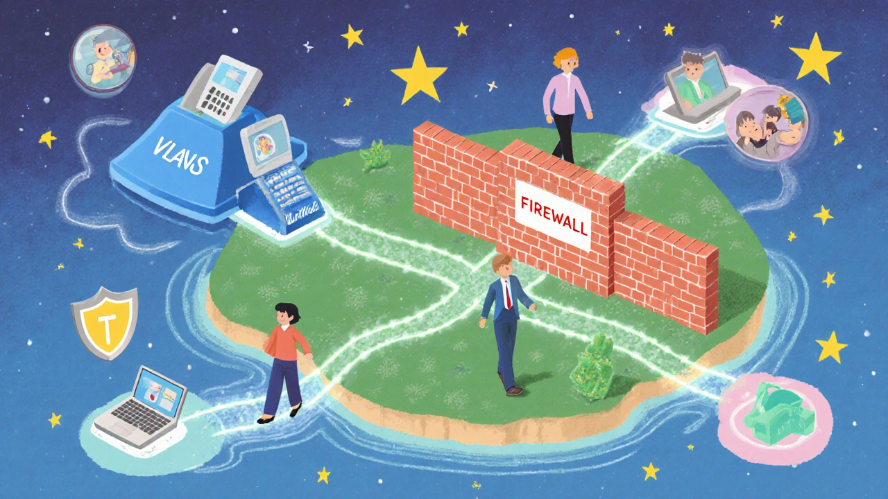 VoIP phones on a safe island separated from other devices by a firewall wall.