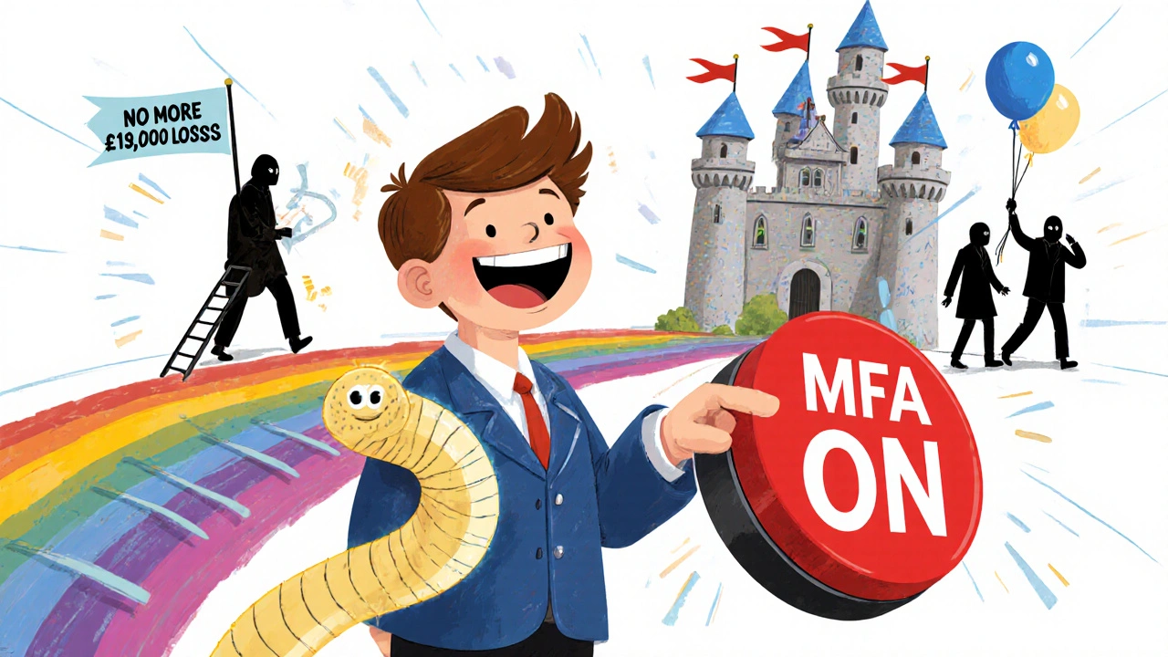 A business owner activates MFA as a strong password snake protects their phone, leading to a safe VoIP castle.