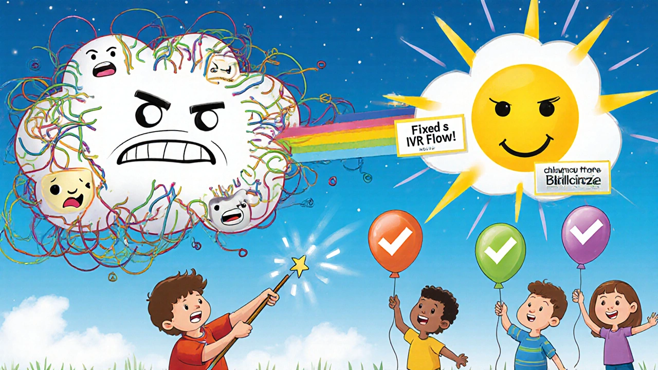 A child uses a magic wand to turn a tangled phone cloud into a happy sun, symbolizing solved call issues.