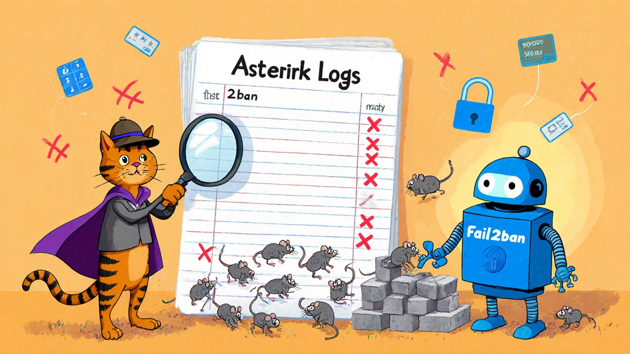 A detective cat examines logbook entries as Fail2ban throws IP-address mice into a firewall jail.