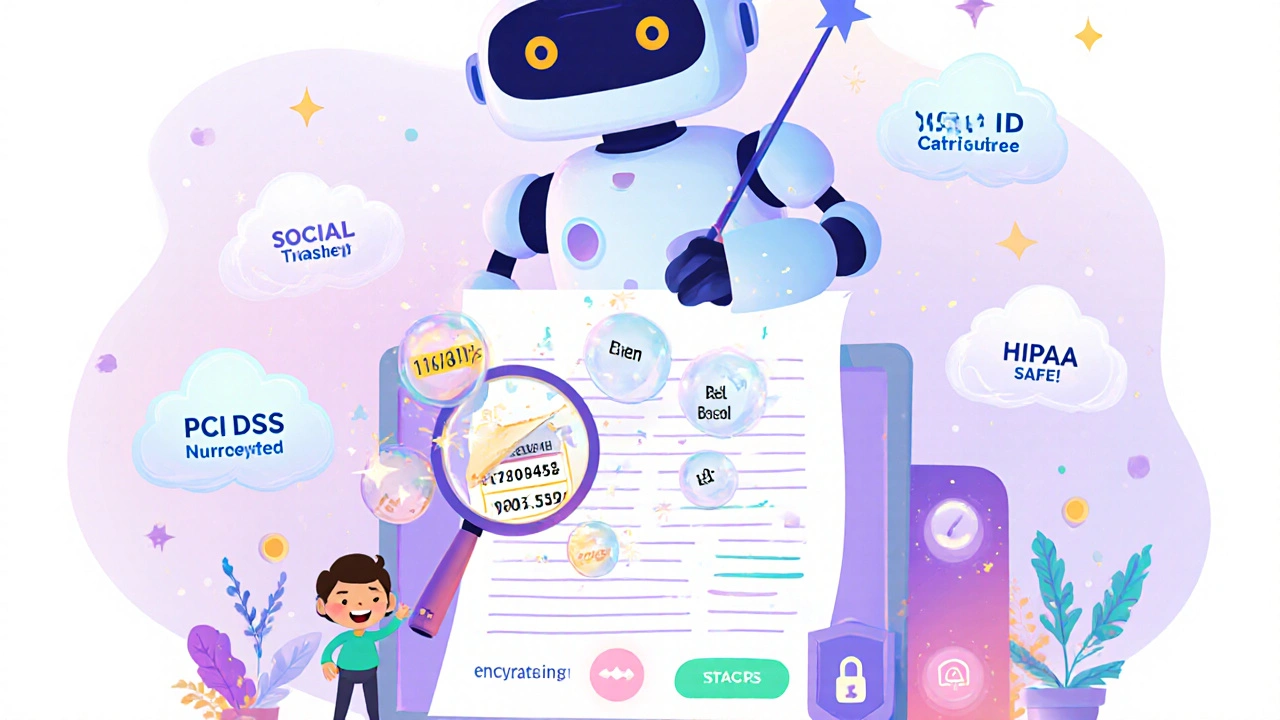 A friendly AI robot erasing sensitive data from a call transcript with sparkles.