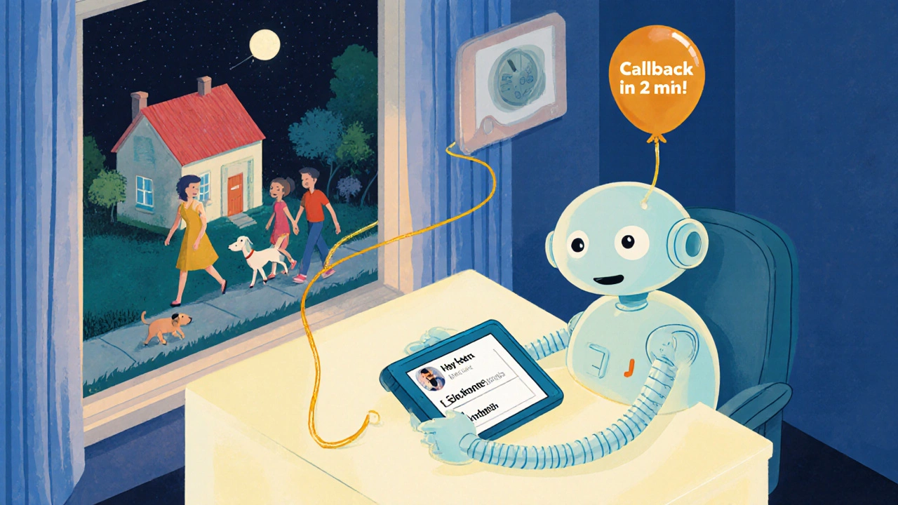 A friendly robot agent prepares for a callback call, with a customer&#039;s info on a tablet and a golden connection line to a home.