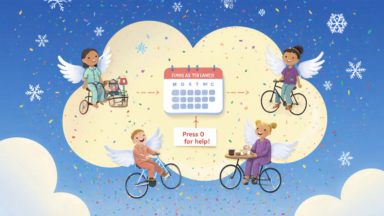 A glowing cloud call center routes calls to remote workers in cozy settings, with seasonal decorations floating around.