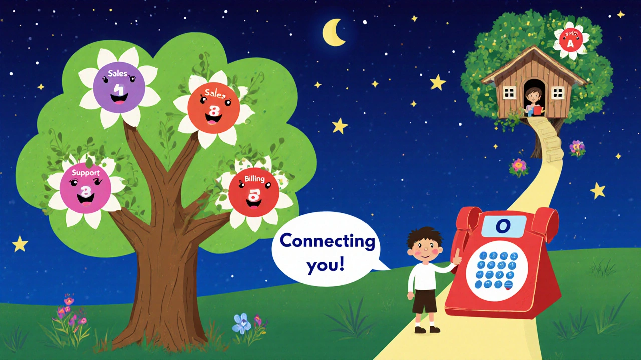 A magical phone tree with numbered flower buttons guides a child caller to connect with a team member in a treehouse.
