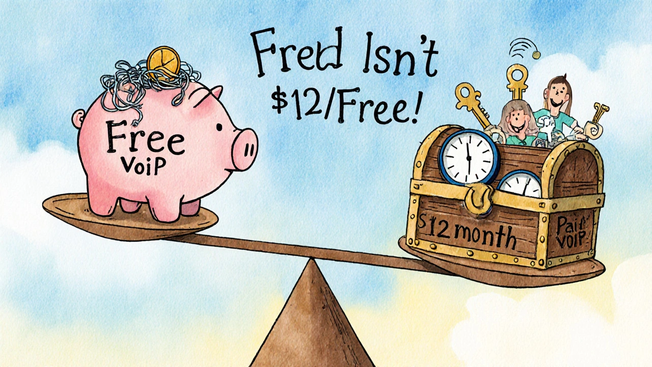 A scale tipping from a tiny free VoIP piggy bank to a treasure chest of paid VoIP benefits like keys and happy customers.