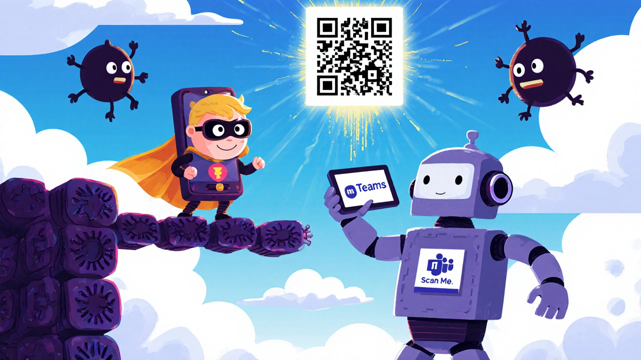 A small phone crossing a packet bridge while dodging hackers, with a QR code shining above.