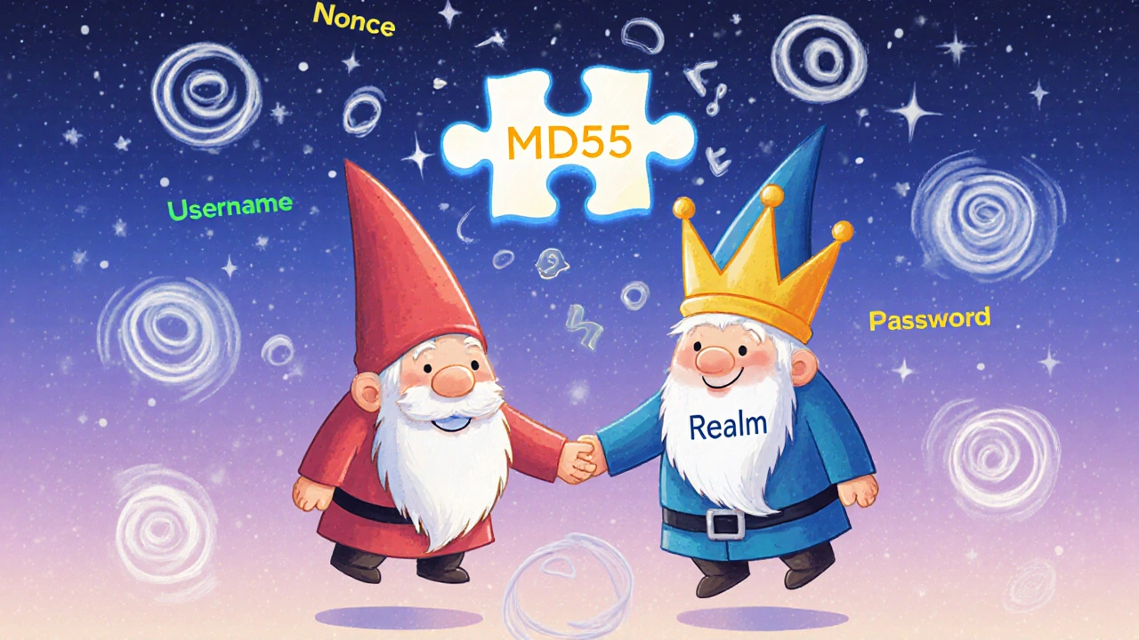 A smiling phone and server gnome shaking hands surrounded by puzzle pieces forming a hash.