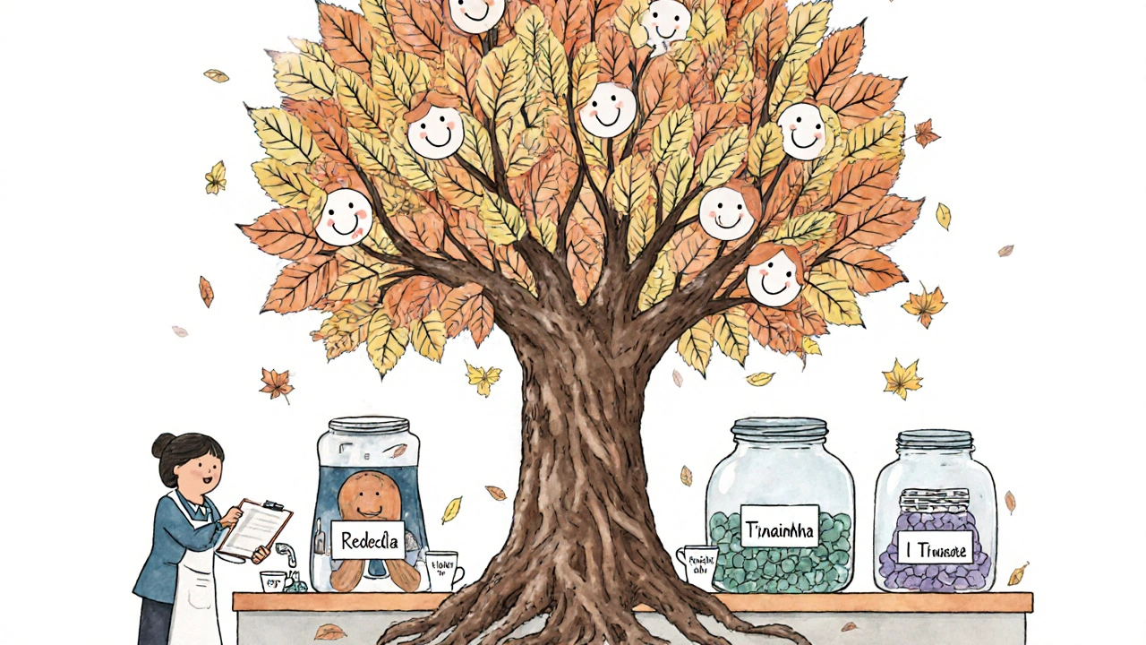 A tree made of recorded calls grows from a desk, with happy customer leaves and compliance jars.