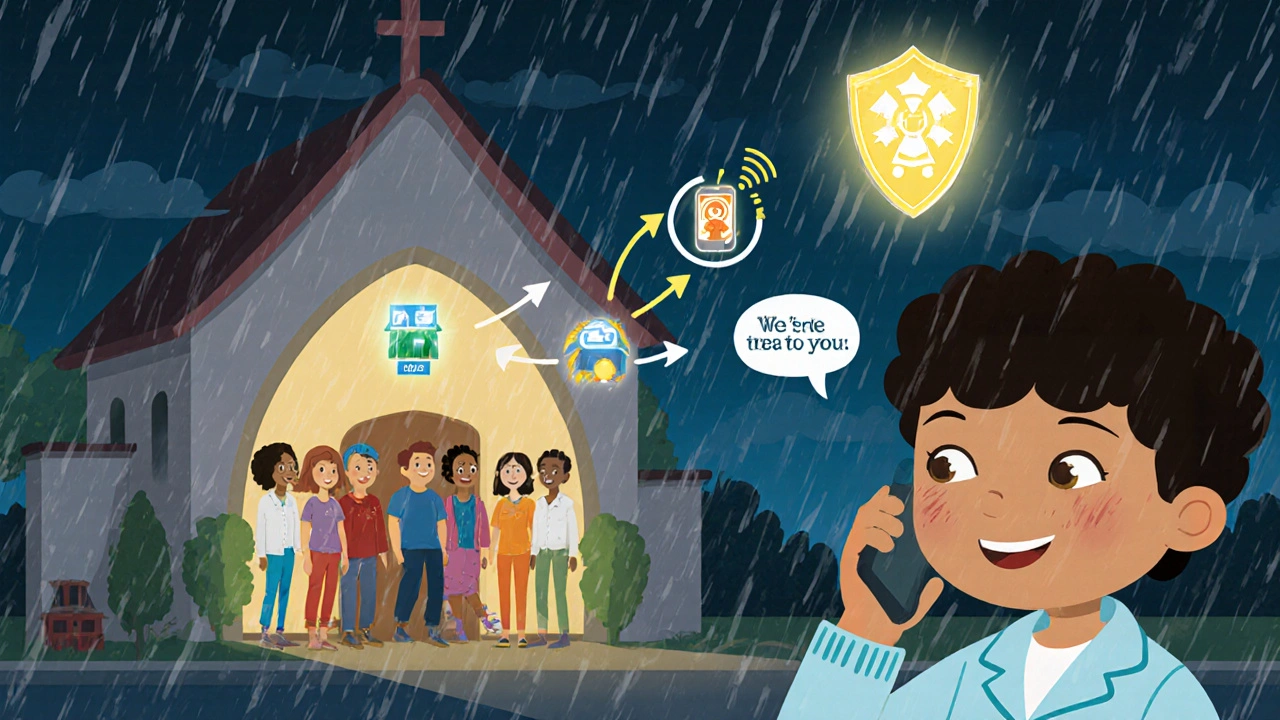 Church team sending emergency alerts during a storm, with animated arrows reaching homes and a child comforted by a phone call.