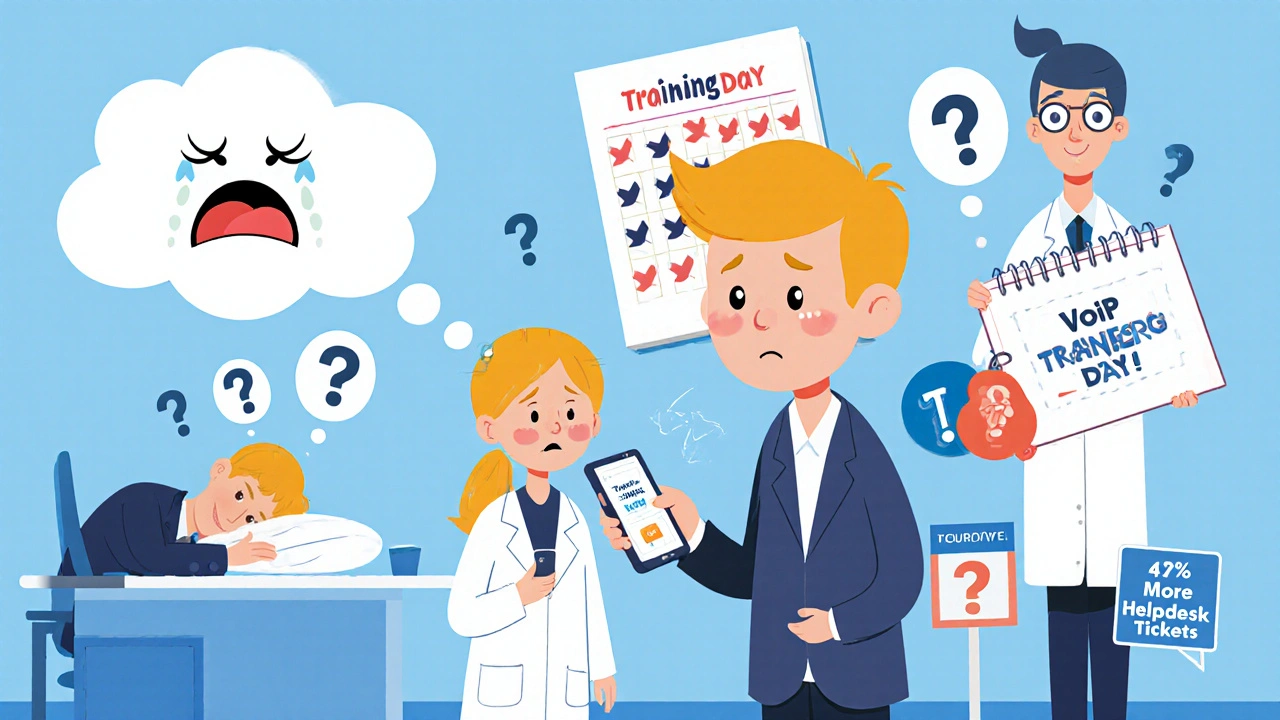 Confused employee with VoIP app surrounded by data and training icons, coworkers napping as helpdesk tickets rise.