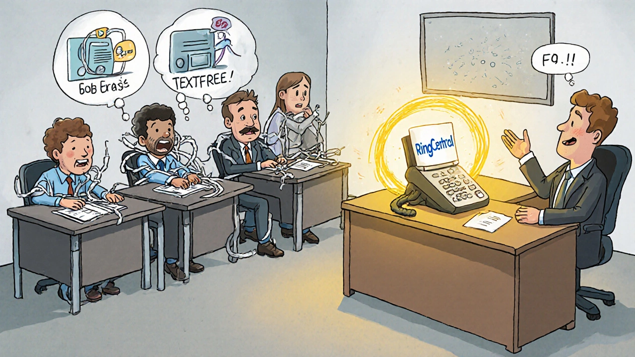 Five employees frustrated with broken free phones, while one glowing paid phone shines on the manager&#039;s desk.