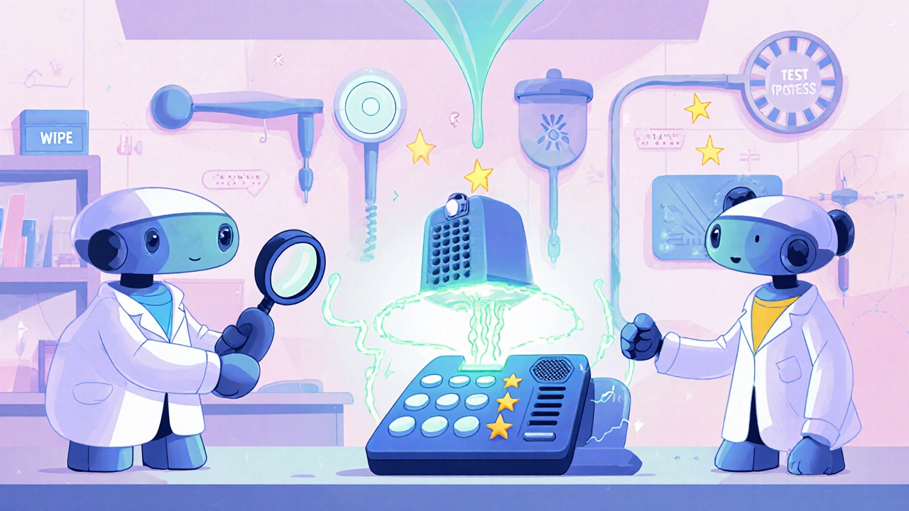 Friendly robots testing a refurbished phone with tools and glowing certification stars.