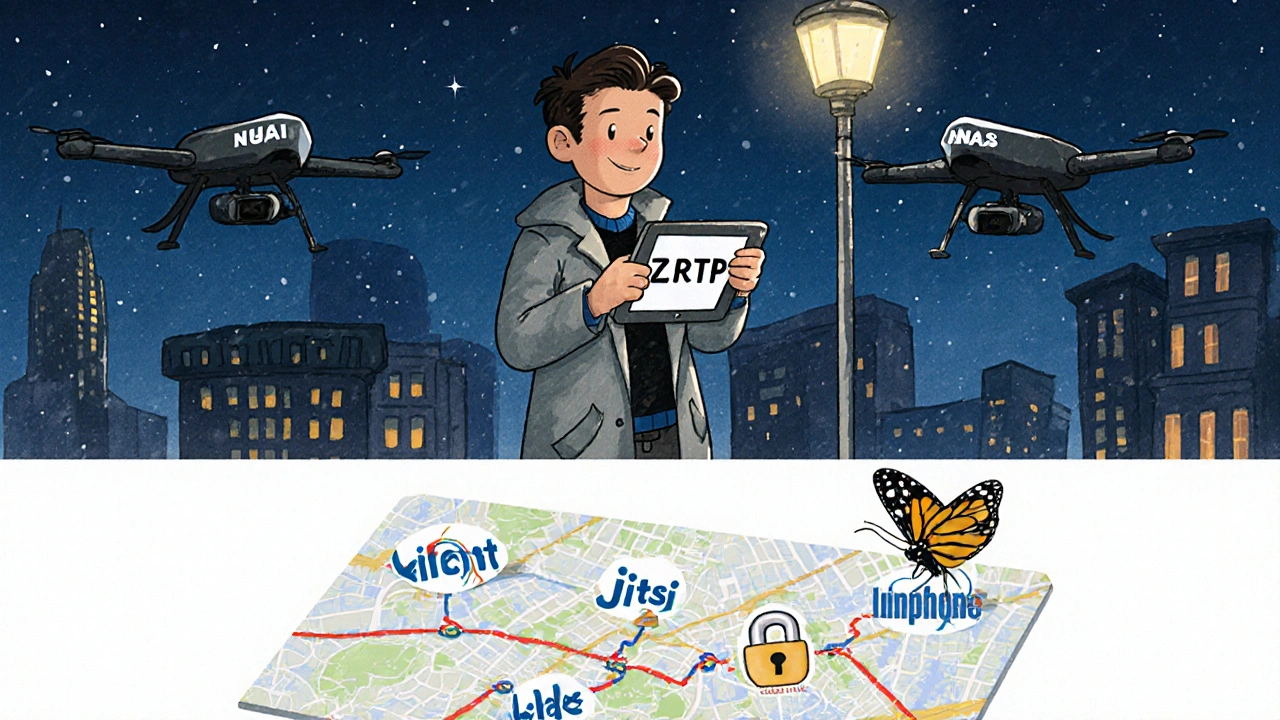 Journalist under a lamp with ZRTP animation, drones hovering helplessly above.