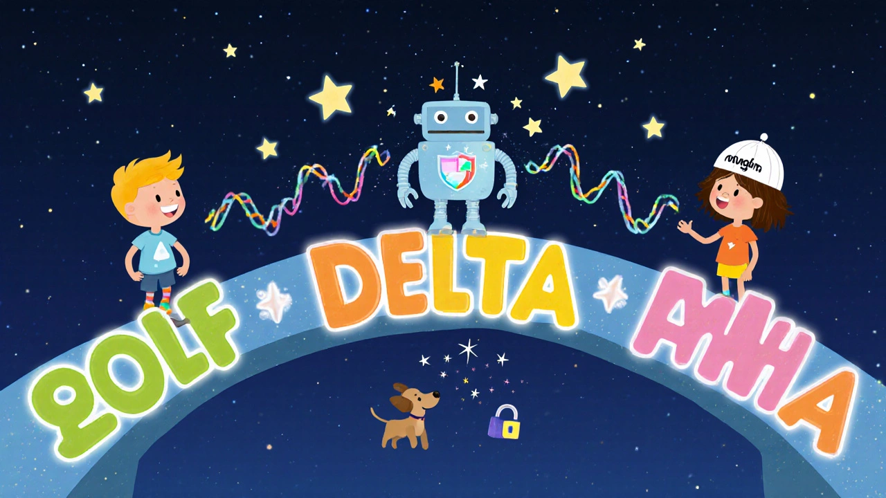 Kids on a word bridge verifying a secure call while a robot is blocked by sparkles.