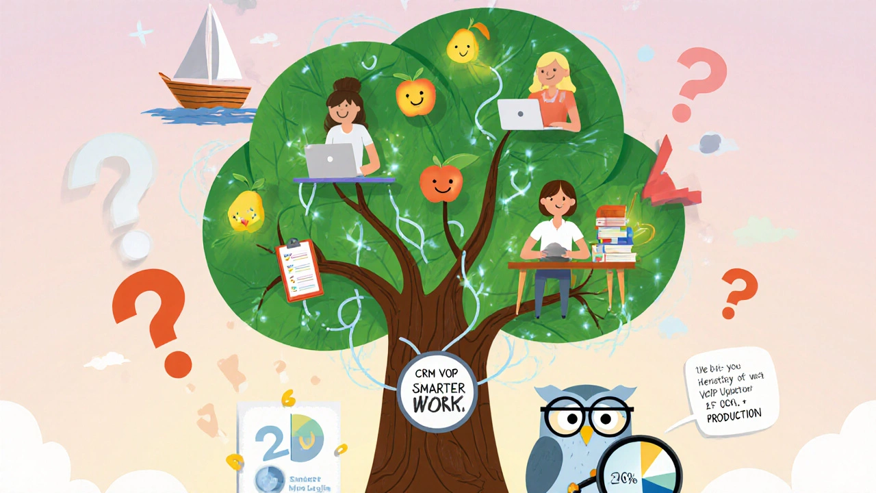 Magical VoIP tree connects remote workers, glowing call logs and CRM symbols floating nearby.