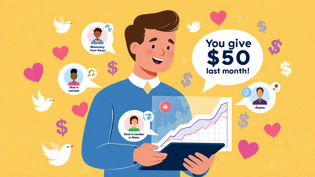 Pastor holding a tablet showing rising donation graph with icons of callers from around the world, floating hearts and dove-shaped money symbols.