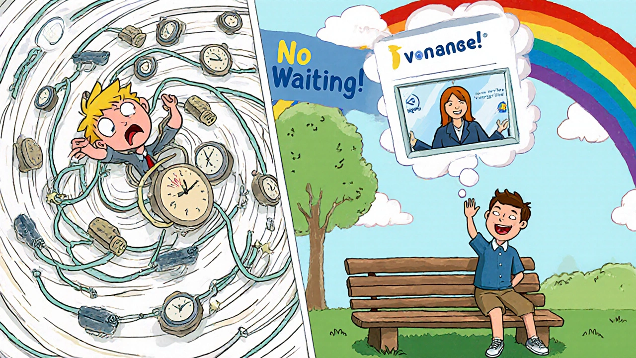 Split scene: left shows a chaotic hold queue, right shows a happy customer receiving a callback in the park with a rainbow path connecting them.