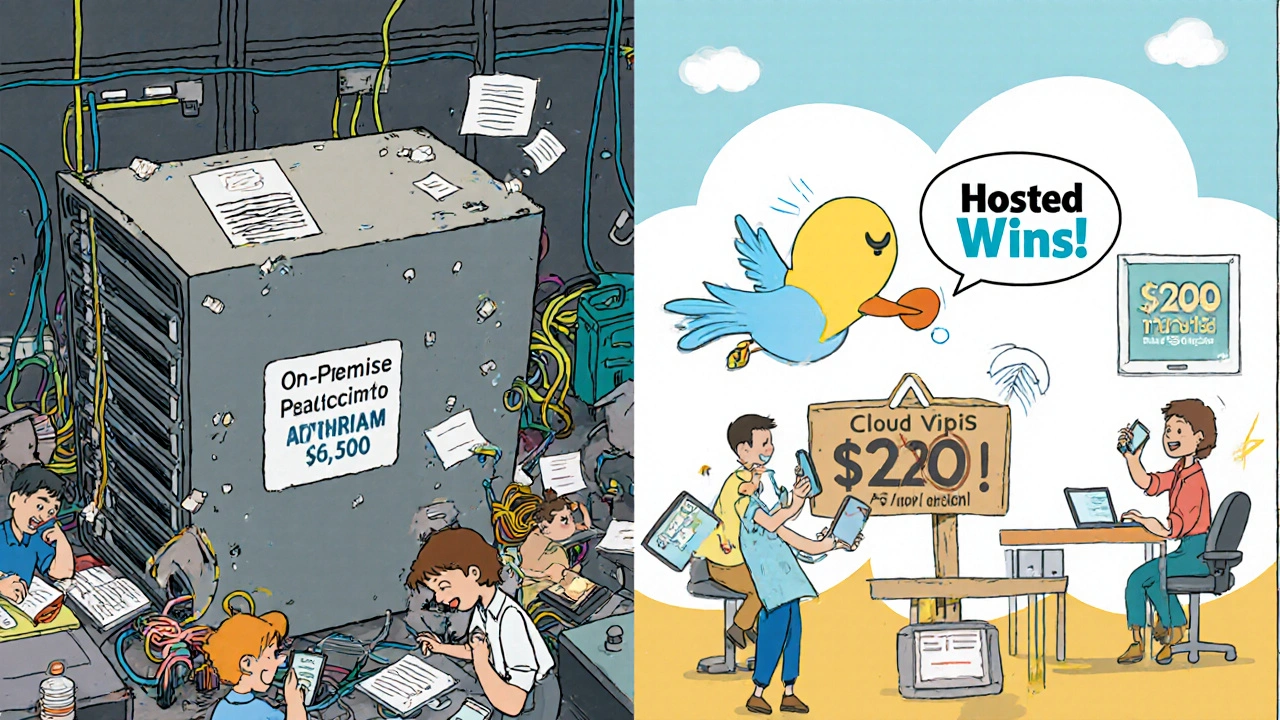 Split scene: messy on-premise server vs. bright cloud-based VoIP office with happy workers and a delivery bird.
