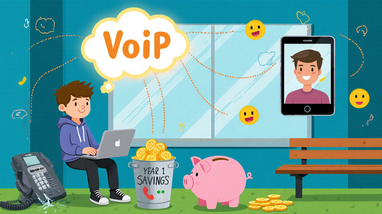 Startup founder saving money with VoIP, coins flowing into piggy bank while team works remotely.