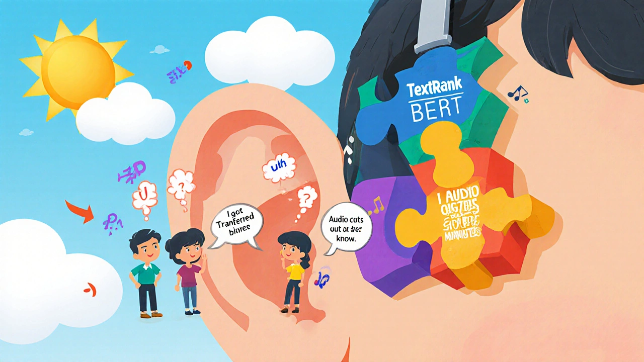 Three puzzle pieces form an ear that captures meaningful customer phrases while noise fades away.