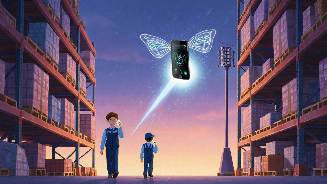 Warehouse workers use DECT phones under a glowing signal bubble, with a futuristic phone floating nearby.