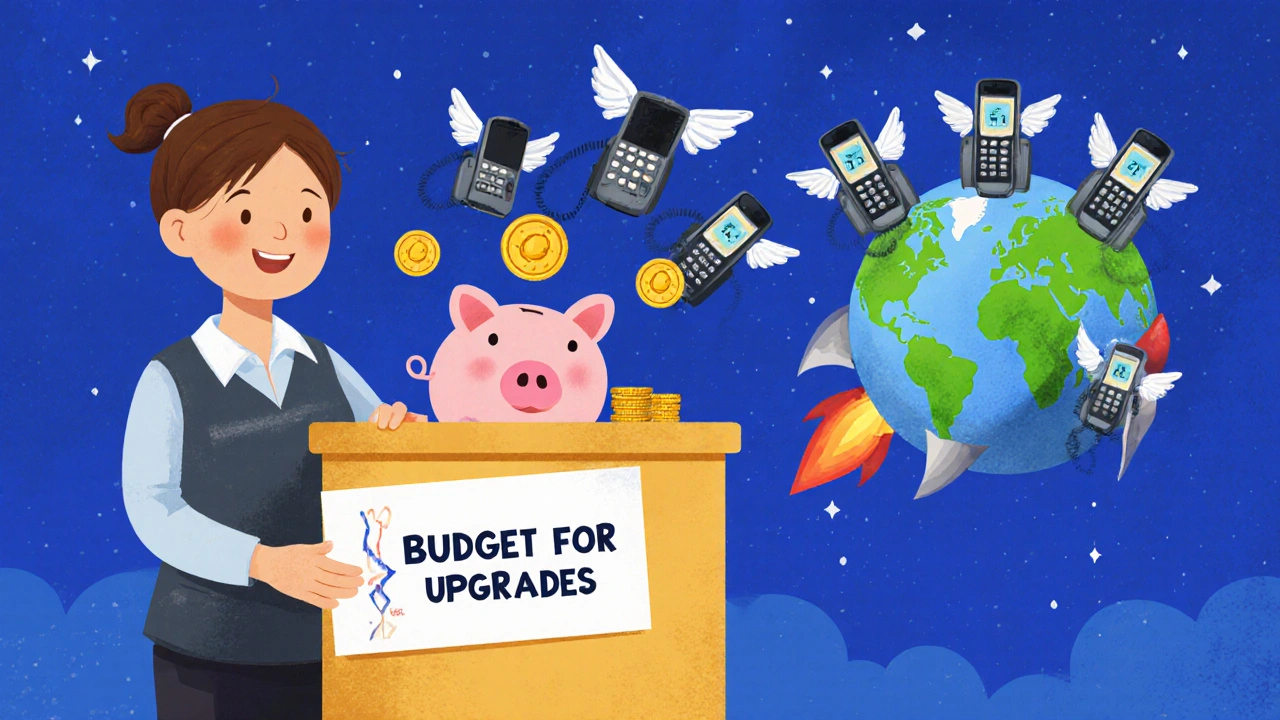 A business owner puts money into a magic box that sends new phones flying out, while old phones wave from a recycling rocket.