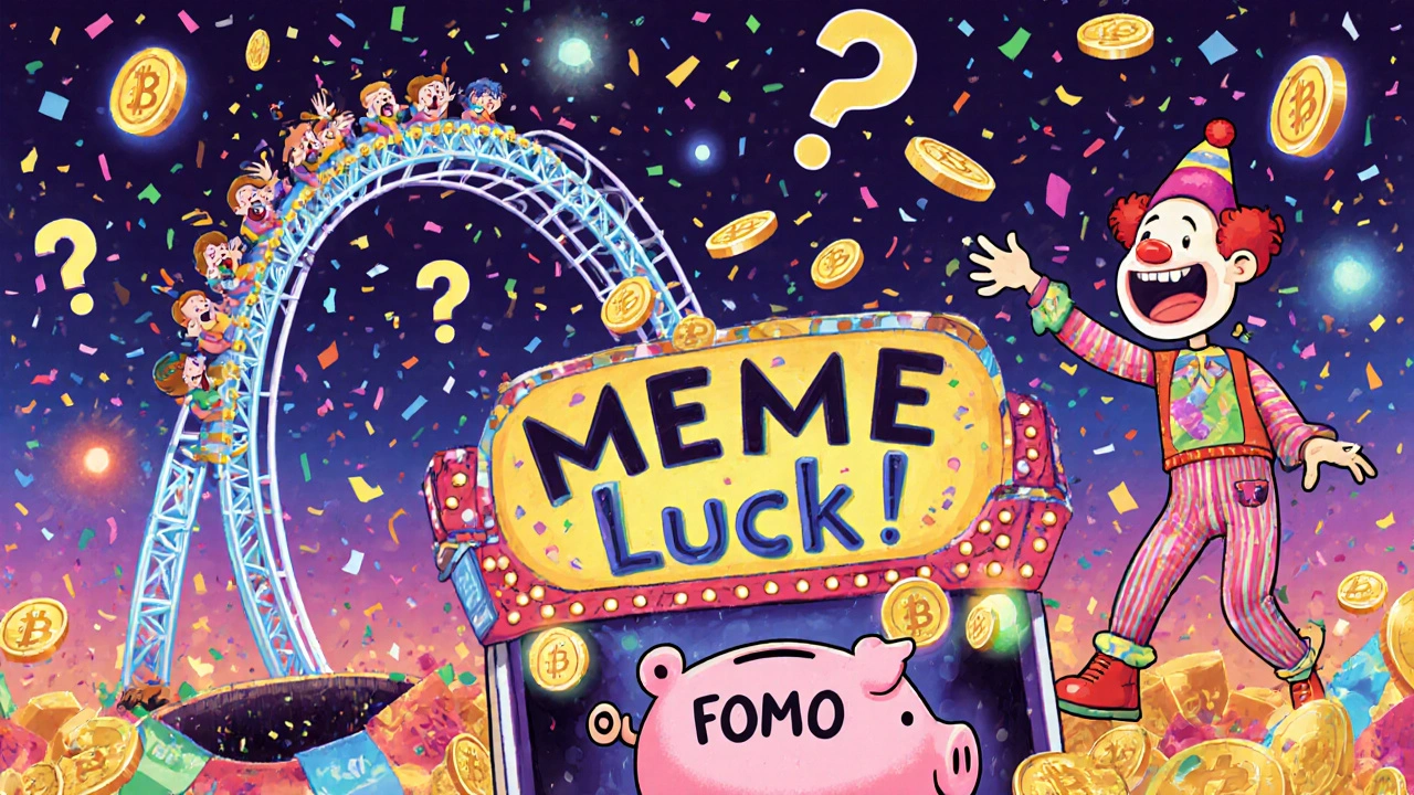 A carnival game called &#039;Meme Coin Luck!&#039; has a clown tossing coins into a piggy bank while a blockchain rollercoaster zooms by.