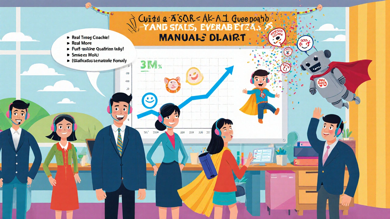 A cheerful sales team works under a glowing dashboard showing rising leads, while a superhero child sends auto-emails like confetti.