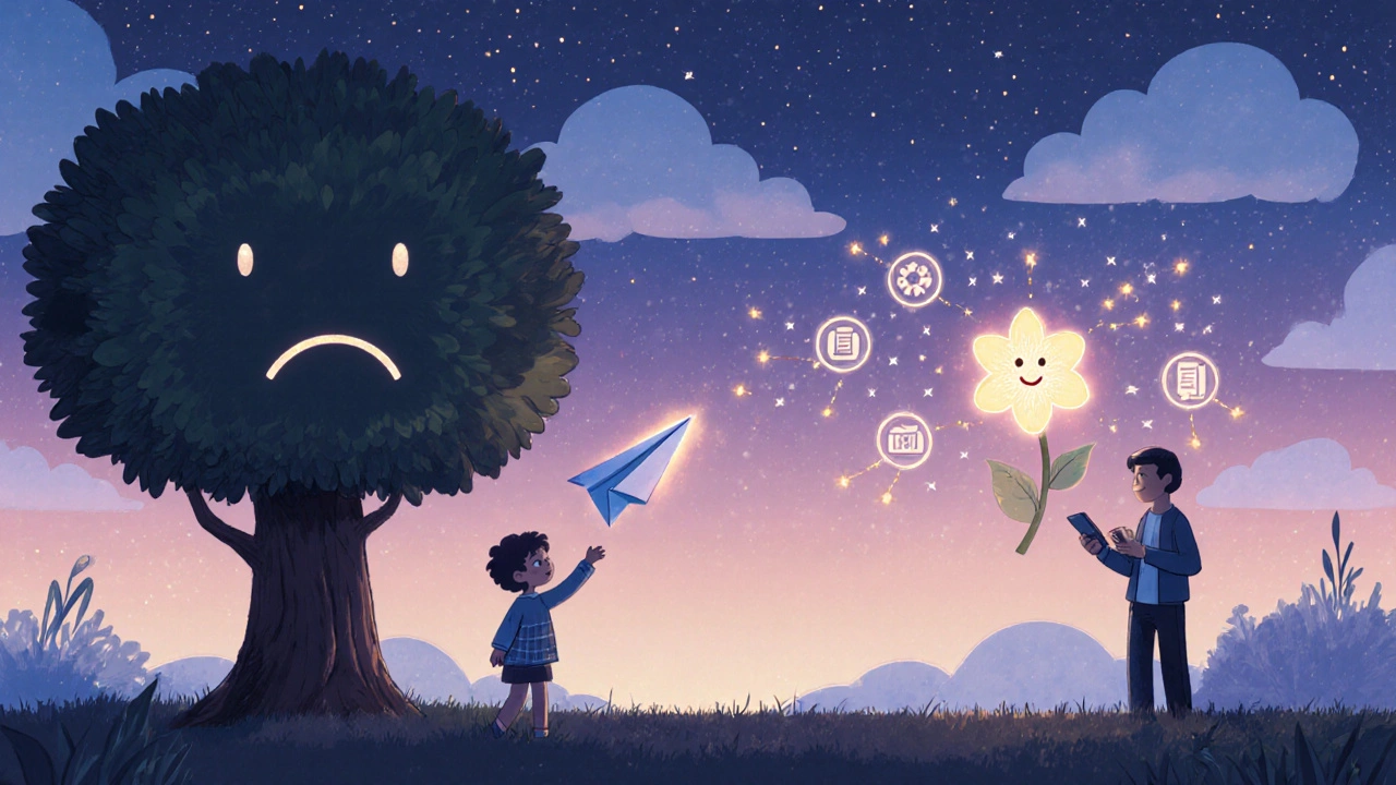A child gives a sad paper airplane to an AI tree that turns it into a blooming flower.