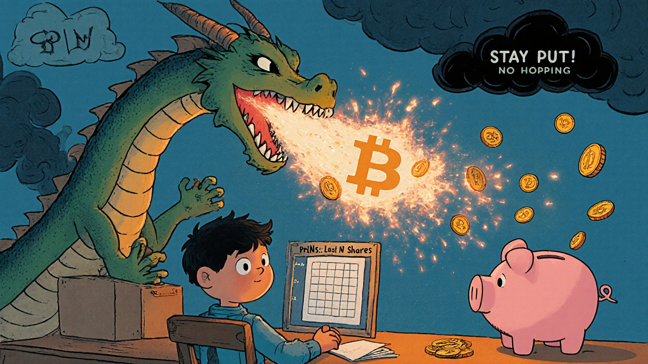 A child miner watching a dragon blockchain spew coins, with a &#039;Stay Put!&#039; sign beside a sliding window chart.