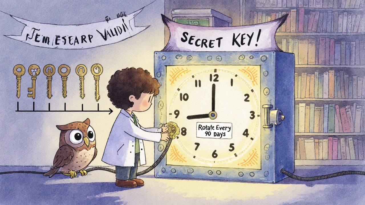 A child turns a key to rotate a secret key in a glowing vault as a clock with telephone cord arms ticks safely.