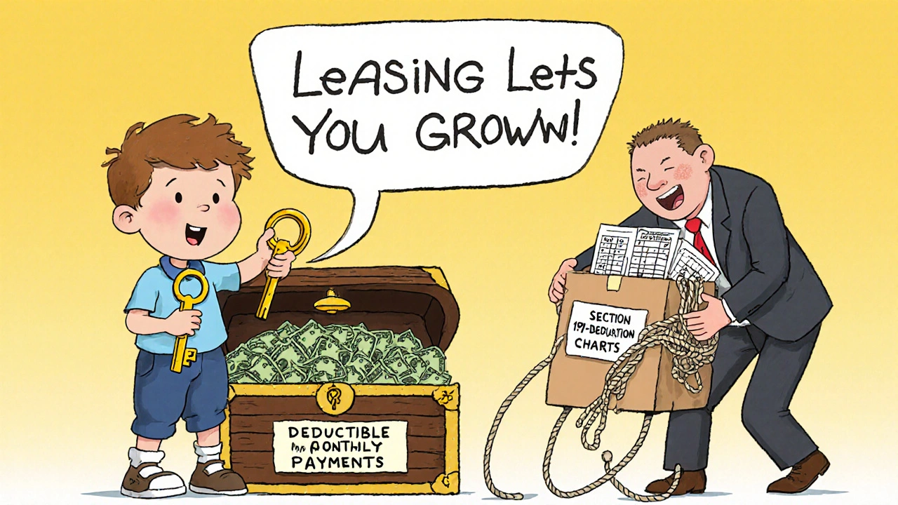 A child unlocking a treasure chest of tax savings with a magic key, while a grown-up struggles with a heavy box labeled &#039;Section 179 Deduction&#039;.