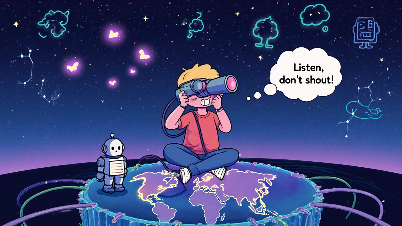 A child watches glowing network ports through a telescope, with silent ports dark and friendly fireflies marking open ones.