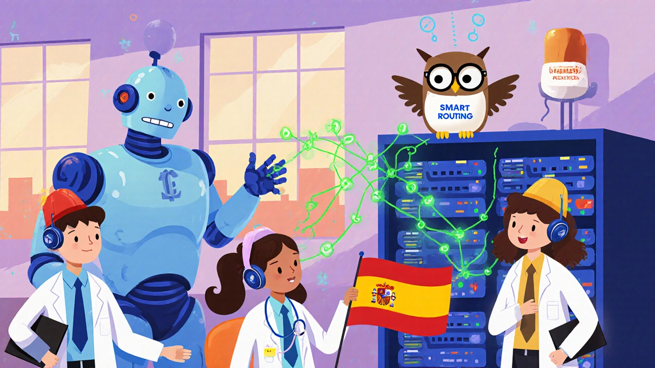 A confused robot handing out calls randomly while a wise AI owl directs them correctly.