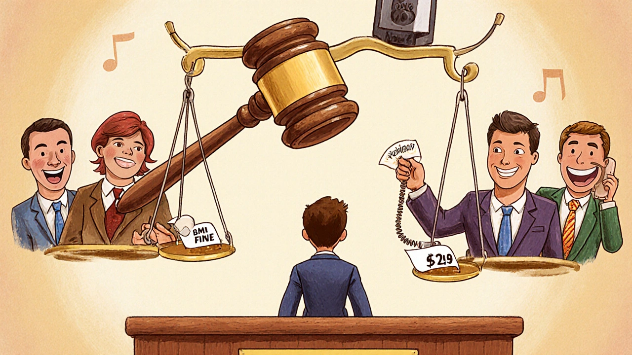 A courtroom with PRO mascots judging a business owner, comparing a large fine to a small licensing fee.