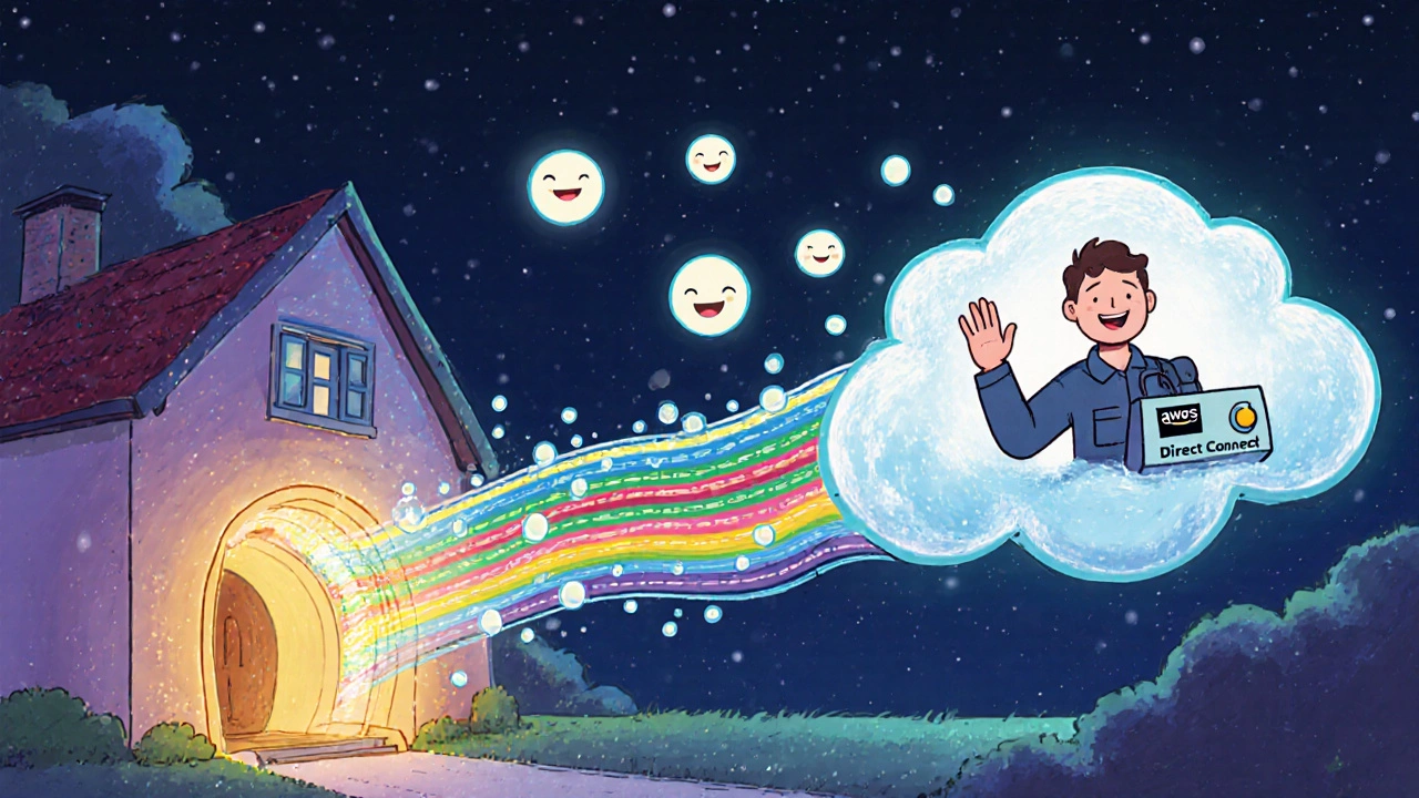 A cozy house connected by a glowing tunnel to a cloud data center with smooth voice bubbles.