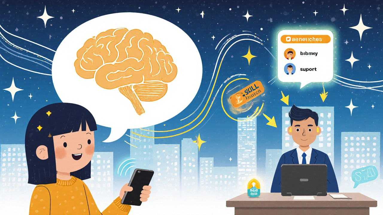 A customer&#039;s voice bubble travels through an AI brain to match them with the perfect agent.