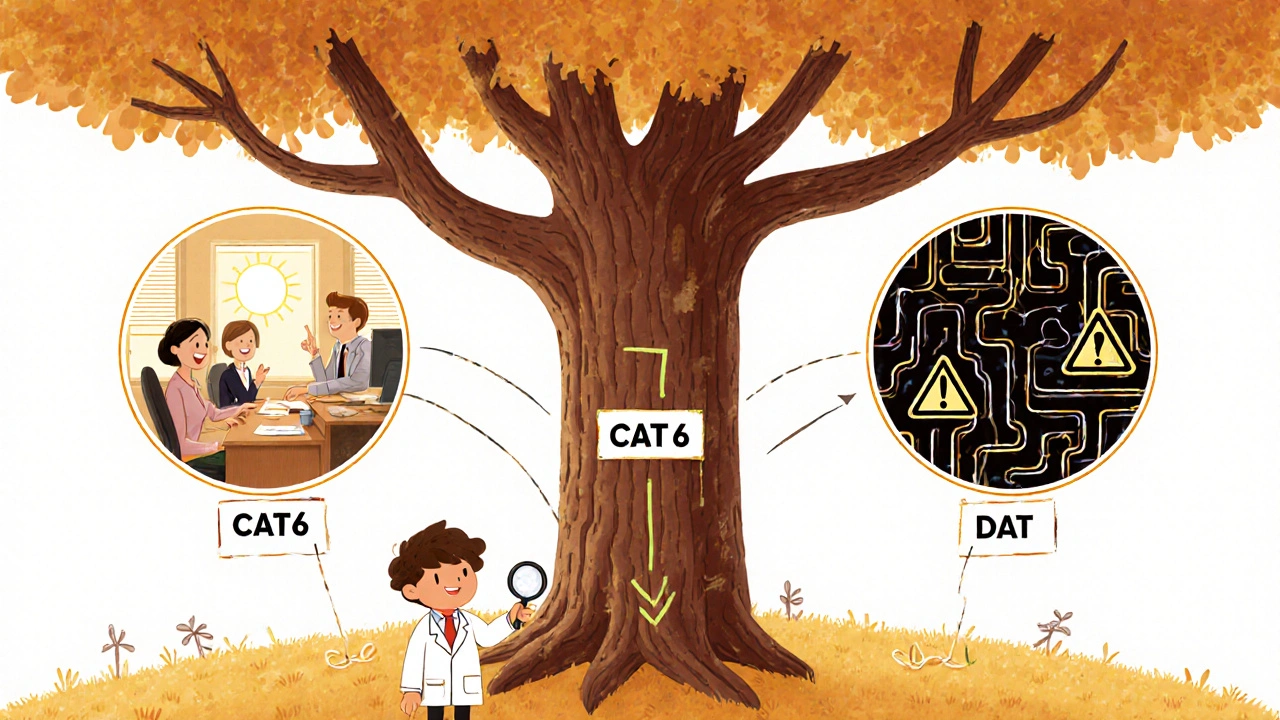 A decision tree cartoon showing CAT6 leading to a sunny office, CAT6a to a data center, and CAT7 to a confusing maze.