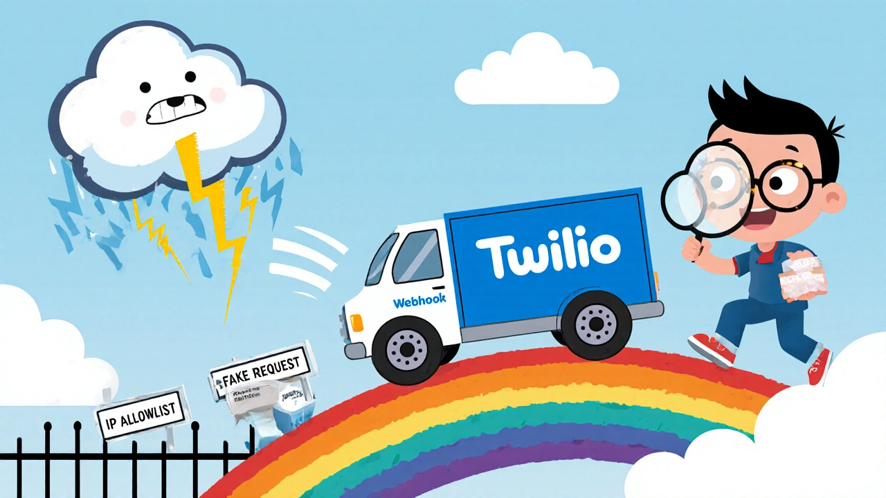 A delivery truck drops secure webhook packages across an IP address bridge, blocked from stormy fake requests.