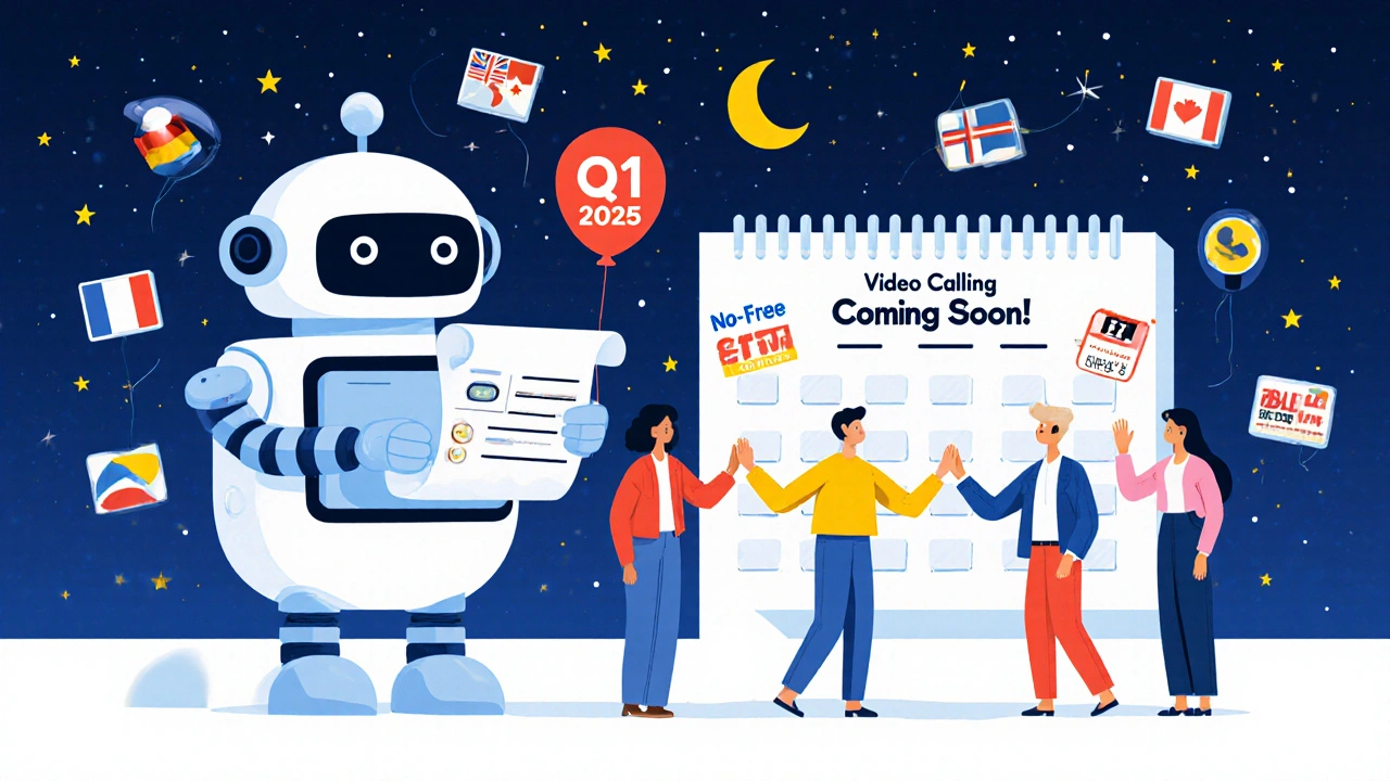 A friendly AI robot named Sona hands summaries to small business owners, with video calling coming soon in the background.