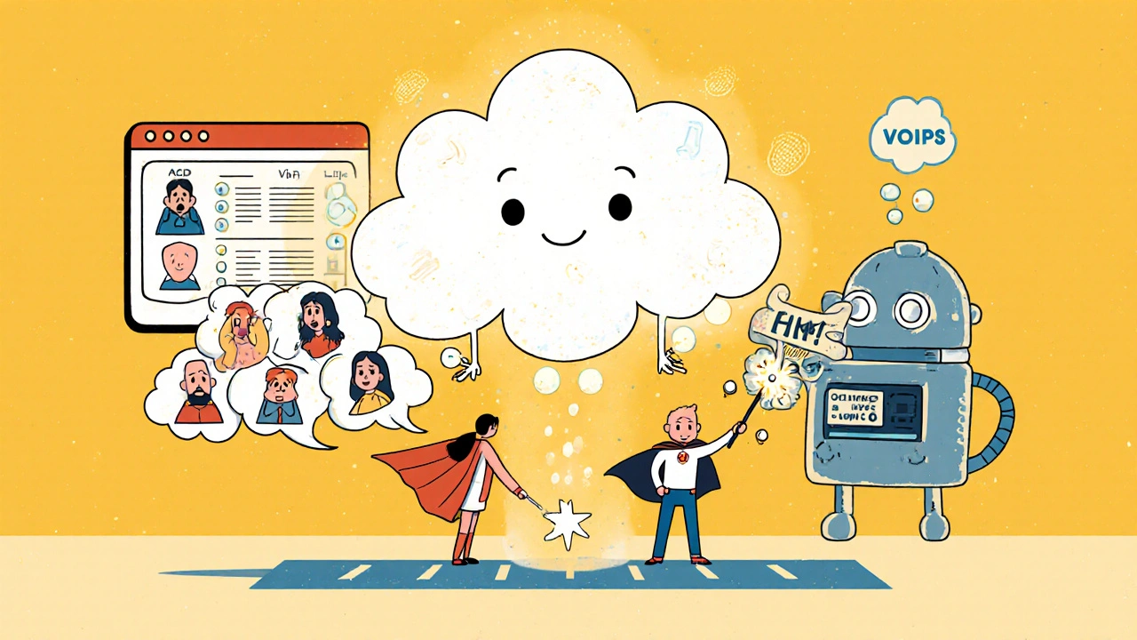 A friendly cloud-shaped VoIP system directing customer and outbound calls with magic wand, CRM robot holding scrolls in background.