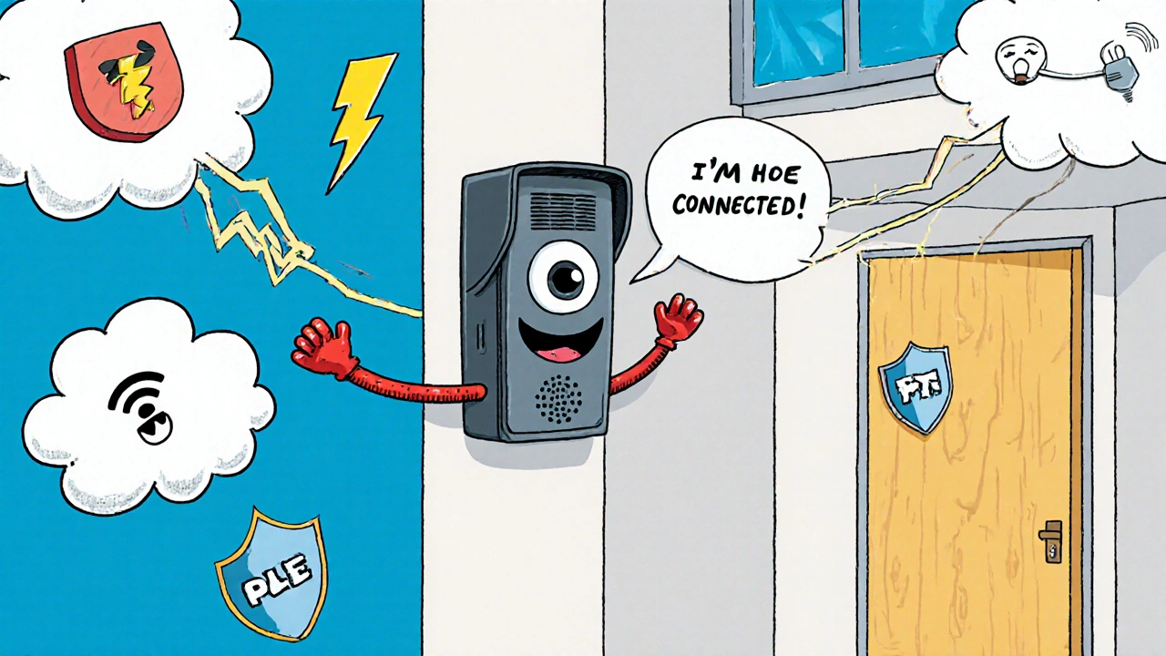 A friendly SIP intercom with arms made of cables protects the door from hacker storm clouds, surrounded by security icons.