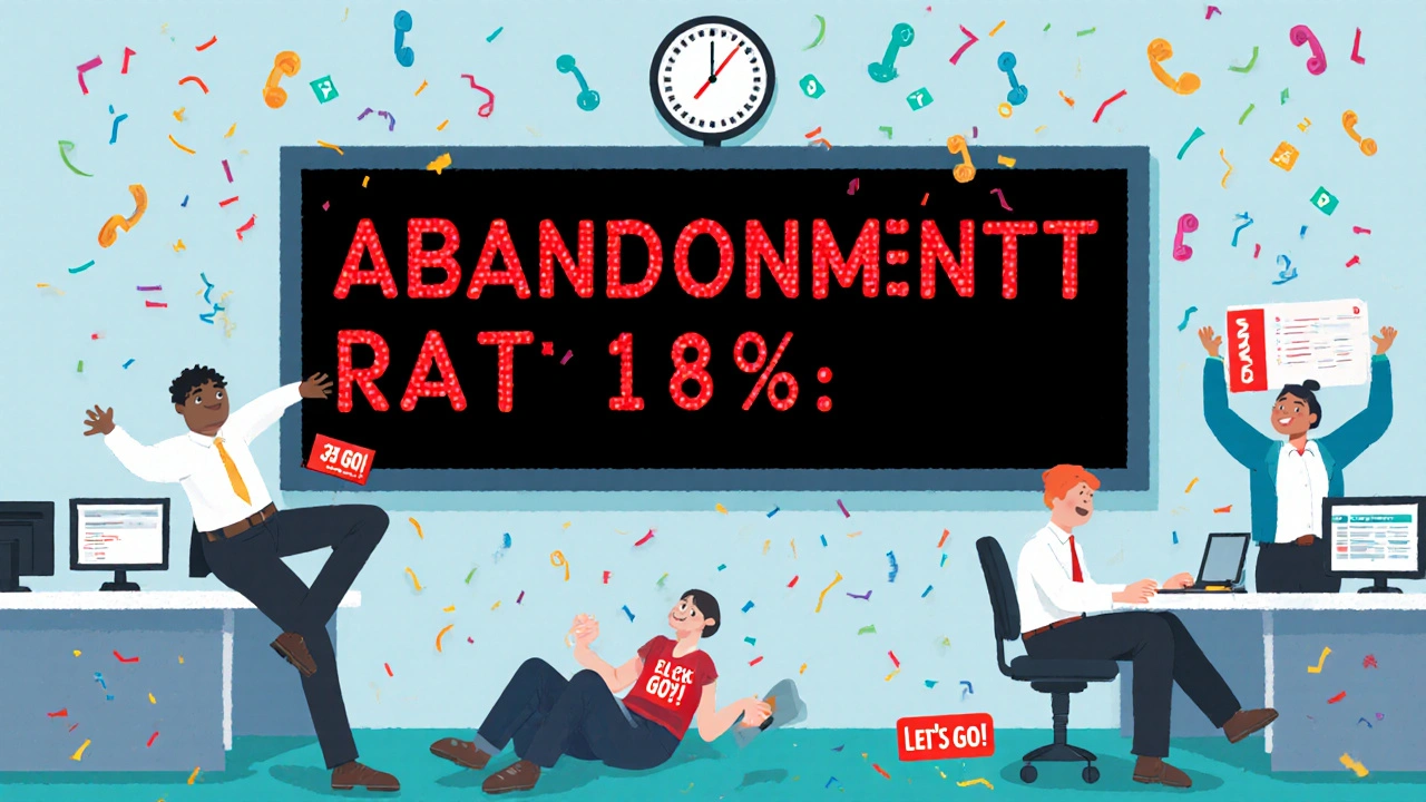 A glowing wallboard flashing high abandonment rate as agents rush to answer phones during a busy holiday rush.