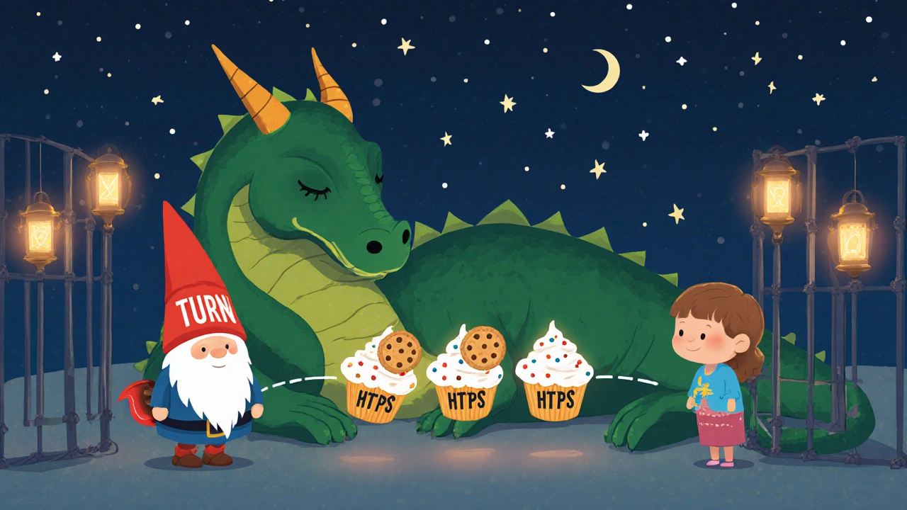 A gnome turns blocked traffic into cupcakes for a sleeping firewall dragon, delivering calls safely.