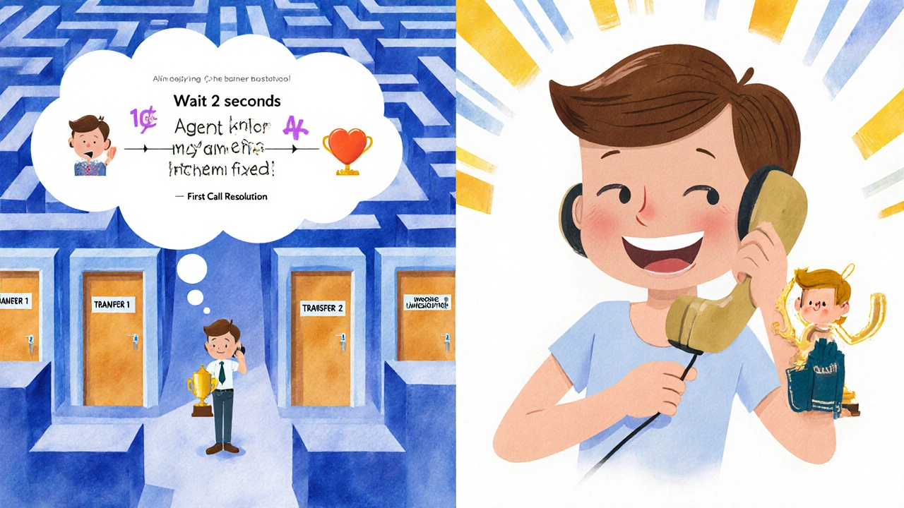 A happy customer with a thought bubble showing quick, correct service, next to a chaotic before scene.