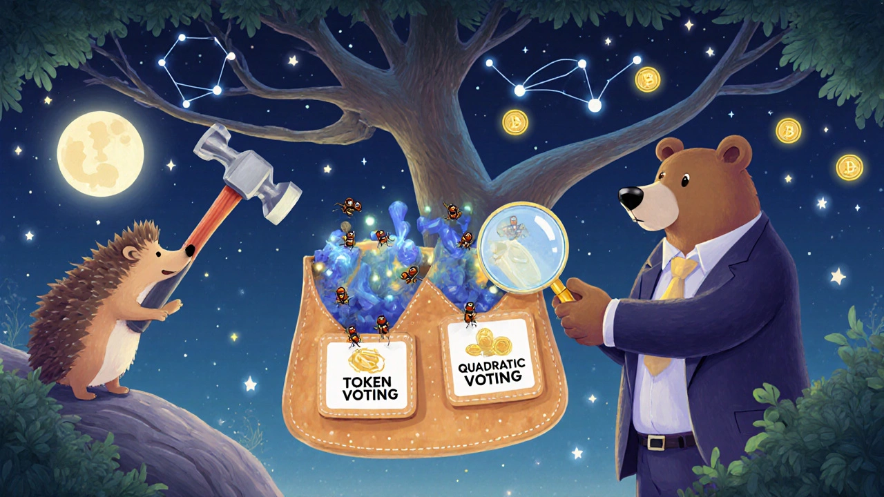 A hedgehog uses a magnifying glass to help ants vote, while a bear struggles with a big hammer.