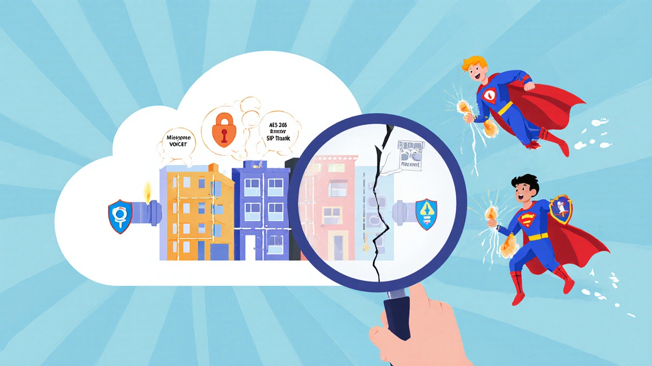 A leaking voice bubble being sealed by superhero security tools like encryption and network isolation in a cloud VoIP system.