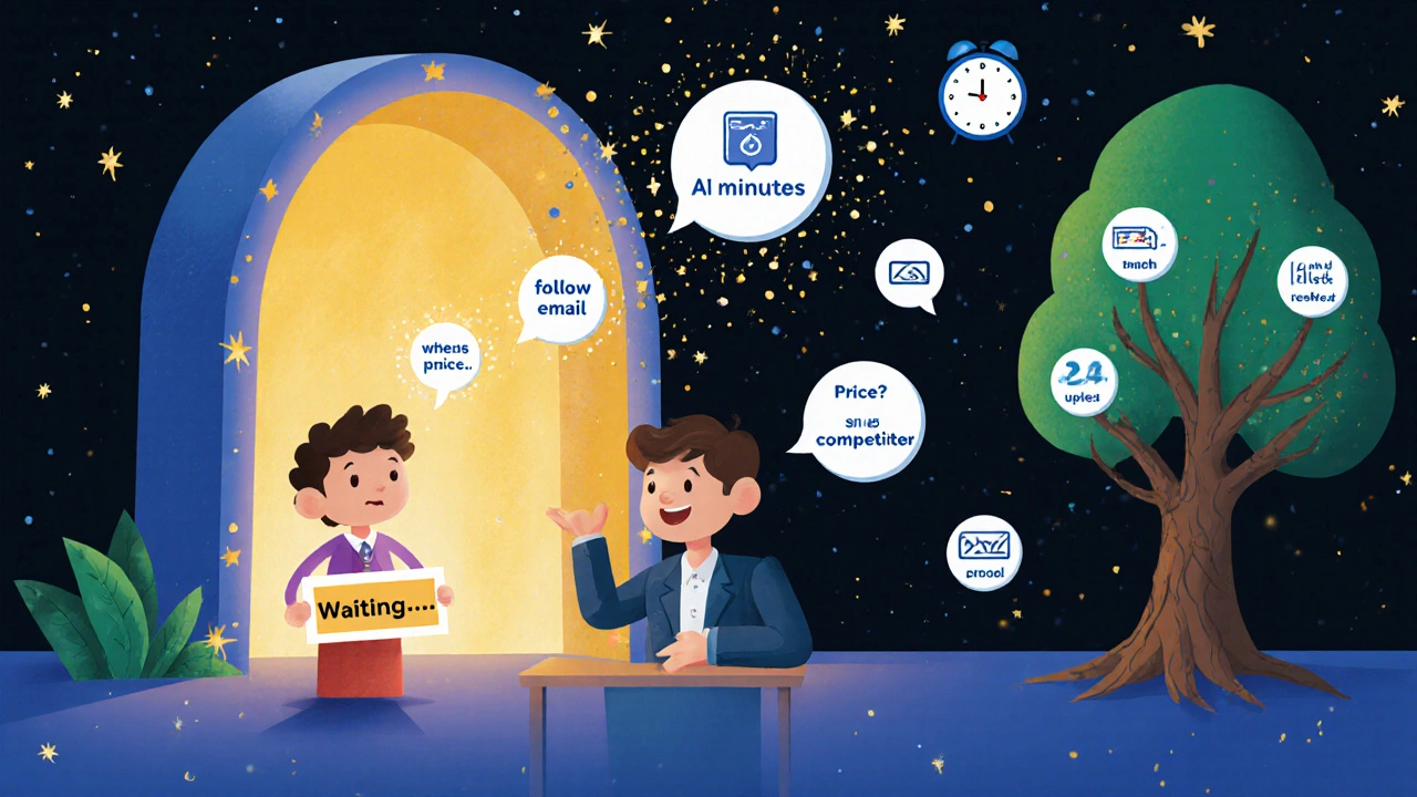 A magical phone portal connects a waiting lead to a salesperson, with AI words and a speeding clock showing faster response times.